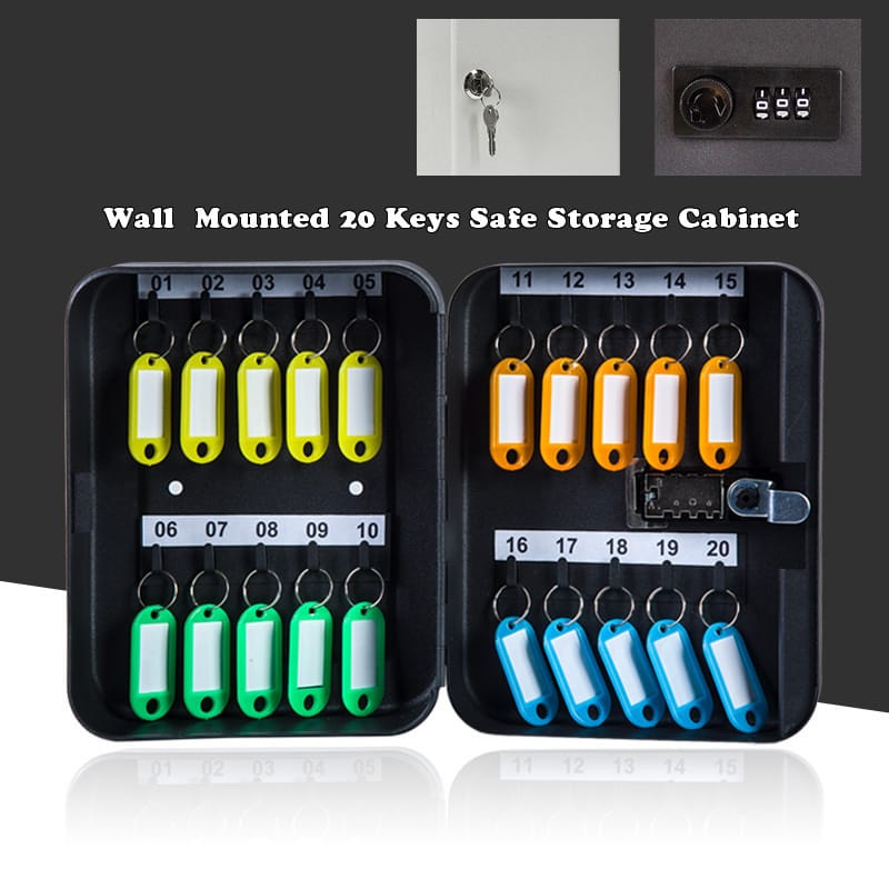 Metal 20 Keys Safe Storage Box Combination/Key Lock Wall Mounted Spare Car Keys Organizer Cabinet For Home Office Apartment