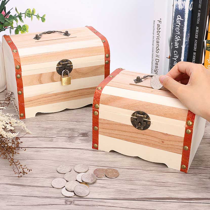 Wooden Lockable Piggy Bank Coin Safe Box Secret Money Jewels Mobile Phone Coin Storage Birthday Gifts for Children and Friends