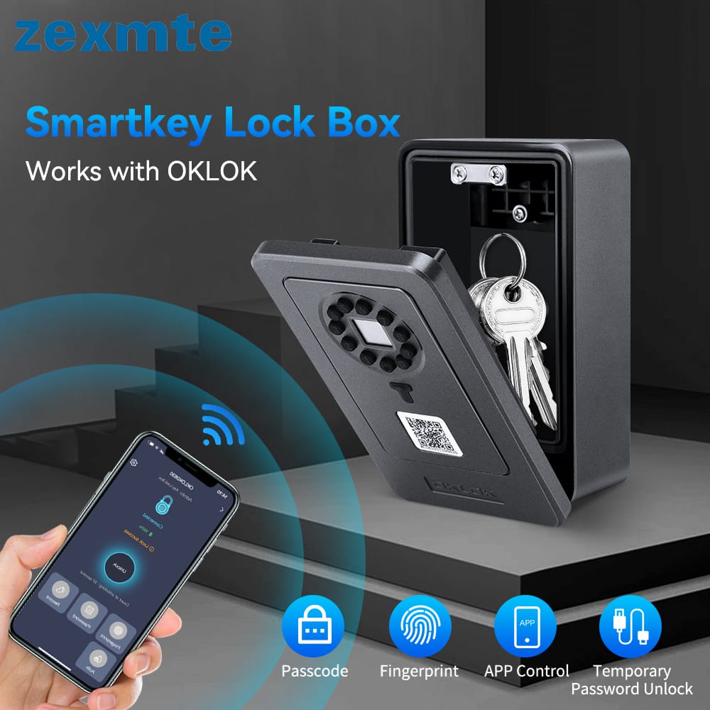 Zexmte Bluetooth Key Box With Code Lock Wireless Smartlock Box Wall Mount Fingerprint App Digital Code Key Safe for Home Office