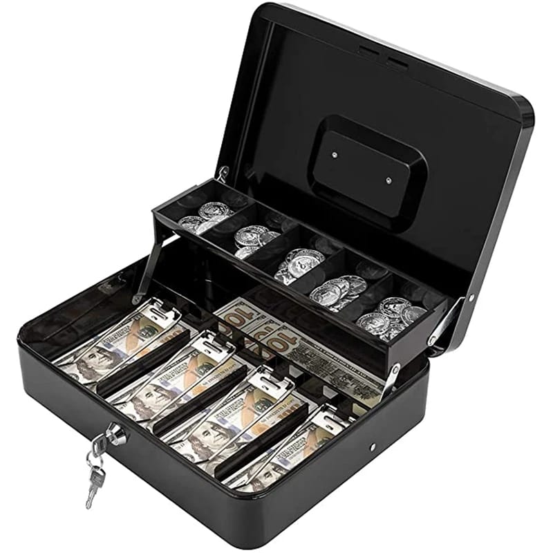 Key/ Password Locked Large Cashier Metal Cash Safe Box 2 Layers Safe Cash Register Desk Money Tray Deposit Box for Store Shop