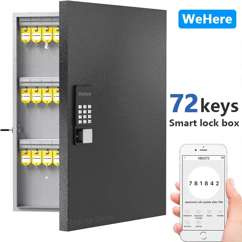 WeHere 72 Key Lock Box, Intelligent Wall Mounted Key Storage Cabinet,OTP/APP Bluetooth/fixed Code Unlocking Key Management Safe