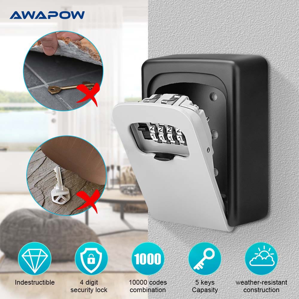Awapow Password Key Box Outdoor Wall Mount  Weatherproof 4 Digit Combination Metal Password  Lock Storage Box Home Key Safe Box