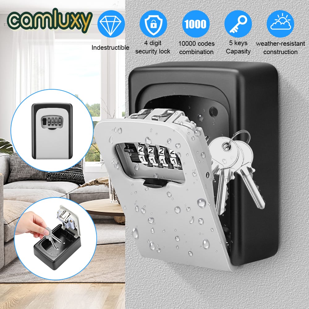 Camluxy Password Lock Storage Box Wall Mount 4 Digit Combination Metal Password Key Box Outdoor Weatherproof Home Key Safe Box