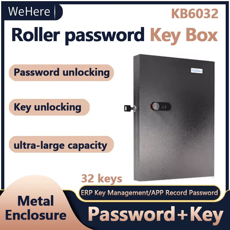 WeHere Key Safe Box Wall Mounted (32 Keys), Roller Mechanical Password Lock,key Cabinet with Combination Lock and 32 Key Labels