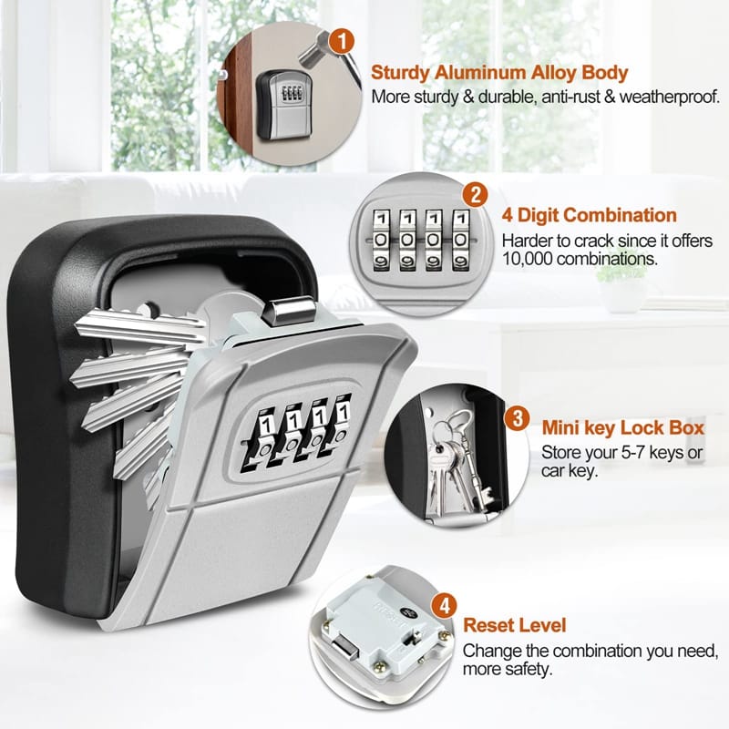 Key Box Wall Mounted Mini Key Safe Outdoor Key Box With Resettable 4-Digit Numeric Code Waterproof Key Box