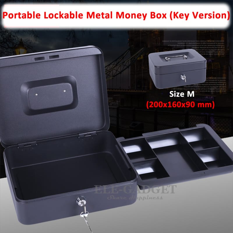 8" Size M Portable Cash Box With 2 Keys And Tray Anti-theft Money Jewelry Safe Box Lockable Security Durable Steel 20x16x9 cm