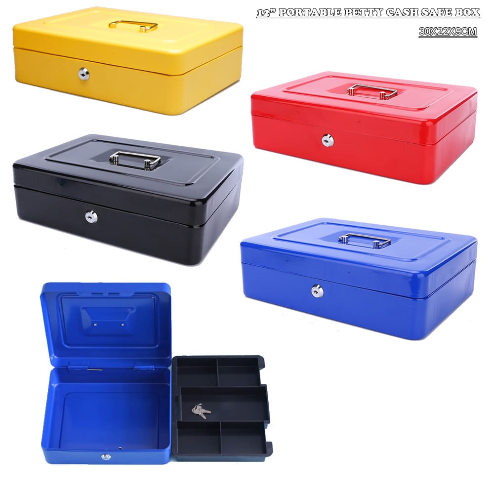New Portable 12" Inch Large Security Safe Petty Cash Coin Money Box Deposit Tin With Tray Home Office Shop Cash Jewelry Safe