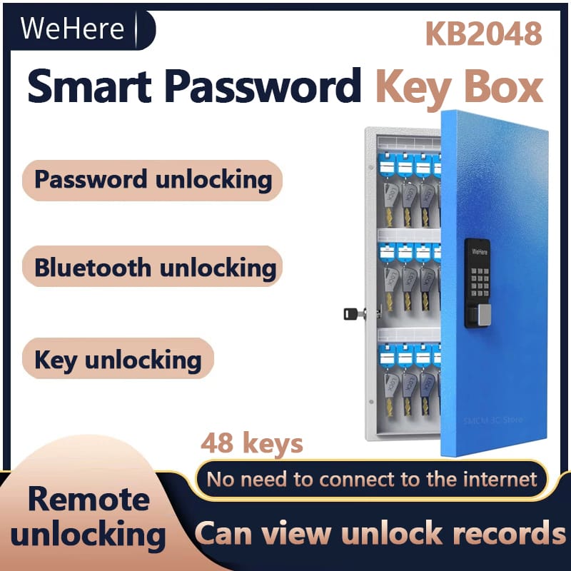 WeHere Intelligent Wall Mounted Key Safe Box,OTP/APP Bluetooth/fixed Code Unlocking Key Management Safe 48 Key Lock Box