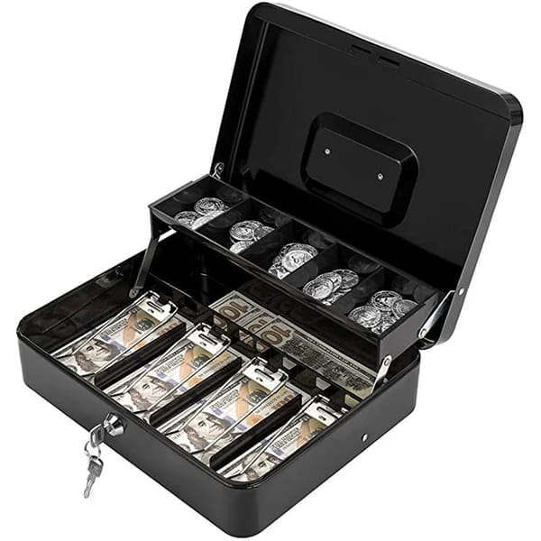 Key/ Password Locked Large Cashier Metal Cash Safe Box 2 Layers Safe Cash Register Desk Money Tray Deposit Box for Store Shop