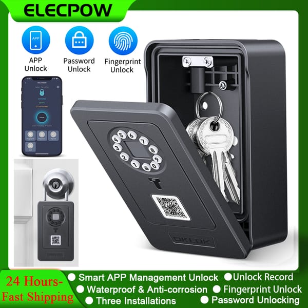 Elecpow Smart Key Box Fingerprint Password Safe Deposit Box Wall Mounted Lockbox Bluetooth Connection Works with OKLOK APP