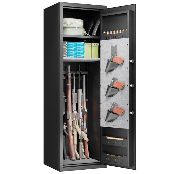 5 Gun Safe Cabinet with 3 Pistol Pouches,Quick Access Biometric Large Gun Cabinet Locker,Tall Heavy-Duty Gun Safe