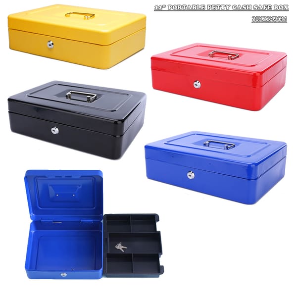 New Portable 12" Inch Large Security Safe Petty Cash Coin Money Box Deposit Tin With Tray Home Office Shop Cash Jewelry Safe